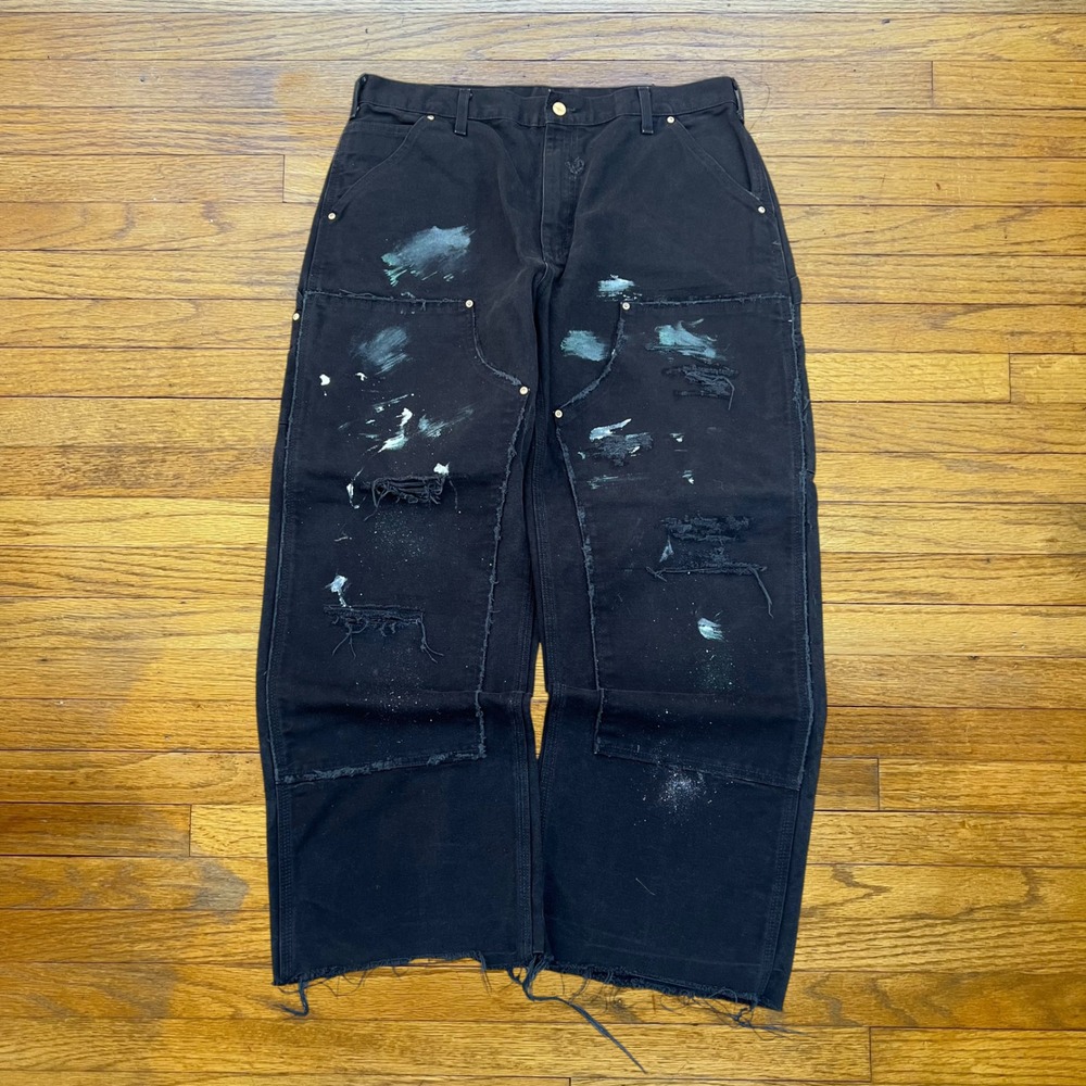 Carhartt Double Knee Distressed Black Work Pants Paint Splatter 36x30 Thrashed